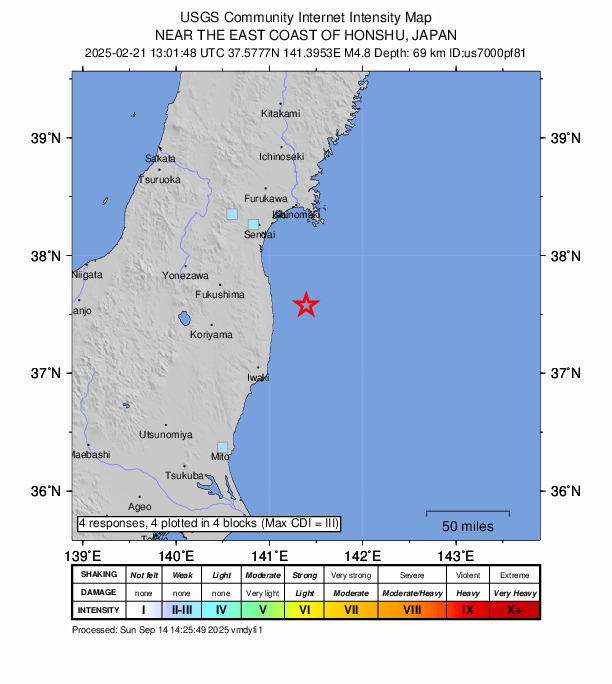 USGS DYFI community-reported intensity map for the M4.8 earthquake near 36 km ENE of Namie, Japan
