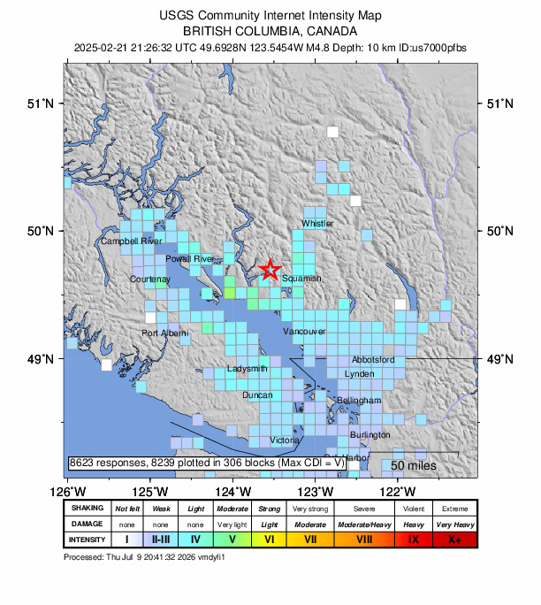 USGS DYFI community-reported intensity map for the M4.8 earthquake near 28 km W of Squamish, Canada