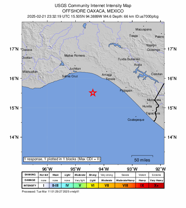 USGS DYFI community-reported intensity map for the M4.6 earthquake near 77 km SSW of La Gloria, Mexico