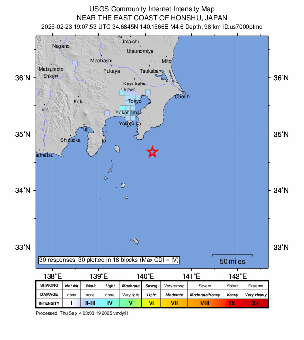 USGS DYFI community-reported intensity map for the M4.6 earthquake near 41 km SSE of Wada, Japan