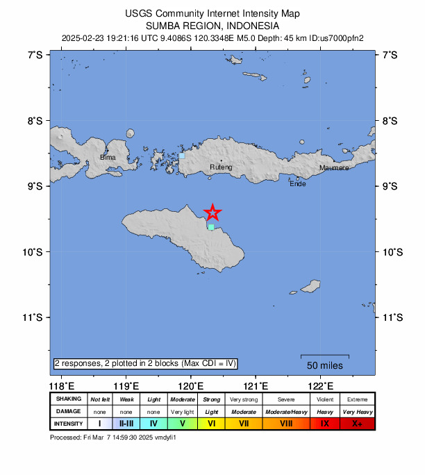 USGS DYFI community-reported intensity map for the M5.0 earthquake near 28 km NNE of Waingapu, Indonesia
