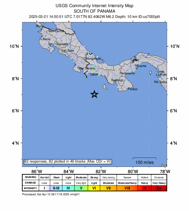 USGS DYFI community-reported intensity map for the M6.2 earthquake near 124 km SSE of Burica, Panama
