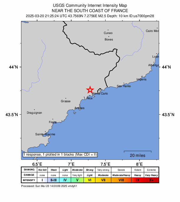 USGS DYFI community-reported intensity map for the M2.5 earthquake near 1 km WSW of Cantaron, France