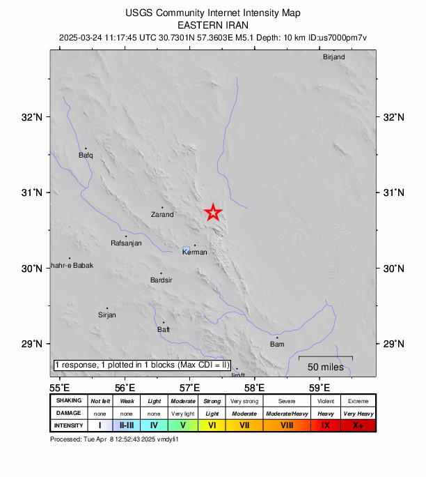USGS DYFI community-reported intensity map for the M5.1 earthquake near 56 km NNE of Kerman, Iran