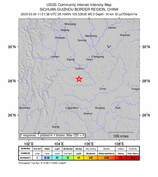 USGS DYFI community-reported intensity map for the M5.0 earthquake near 12 km SW of Xuyong, China