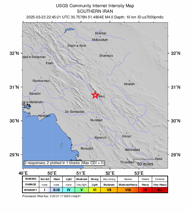 USGS DYFI community-reported intensity map for the M4.0 earthquake near 13 km NW of Yasuj, Iran