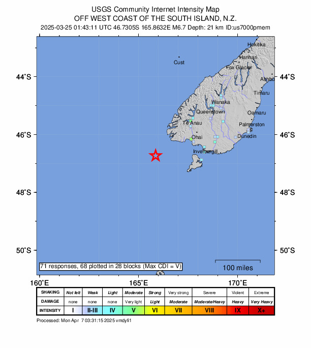 USGS DYFI community-reported intensity map for the M6.7 earthquake near 170 km WSW of Riverton, New Zealand