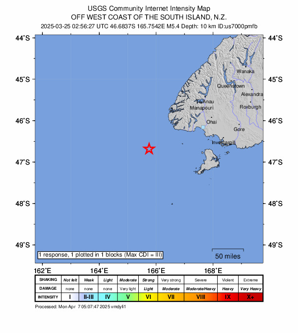 USGS DYFI community-reported intensity map for the M5.4 earthquake near 177 km W of Riverton, New Zealand