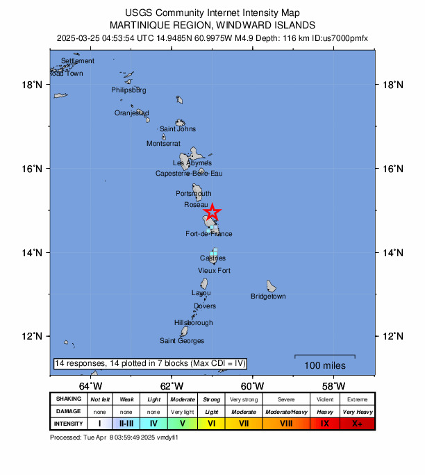 USGS DYFI community-reported intensity map for the M4.9 earthquake near 14 km NNE of Le Lorrain, Martinique