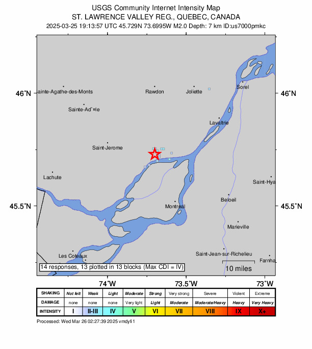USGS DYFI community-reported intensity map for the M2.0 earthquake near 5 km NW of Terrebonne, Canada