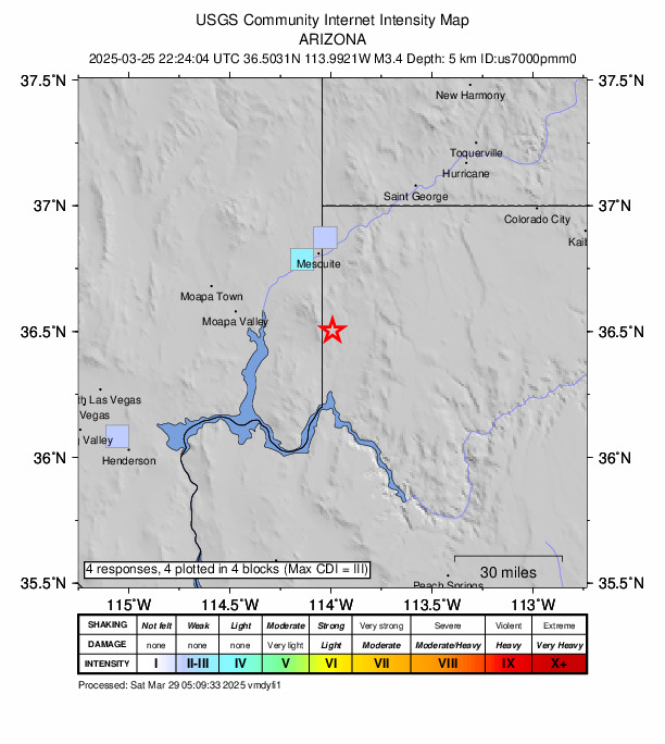 USGS DYFI community-reported intensity map for the M3.4 earthquake near 32 km S of Scenic, Arizona