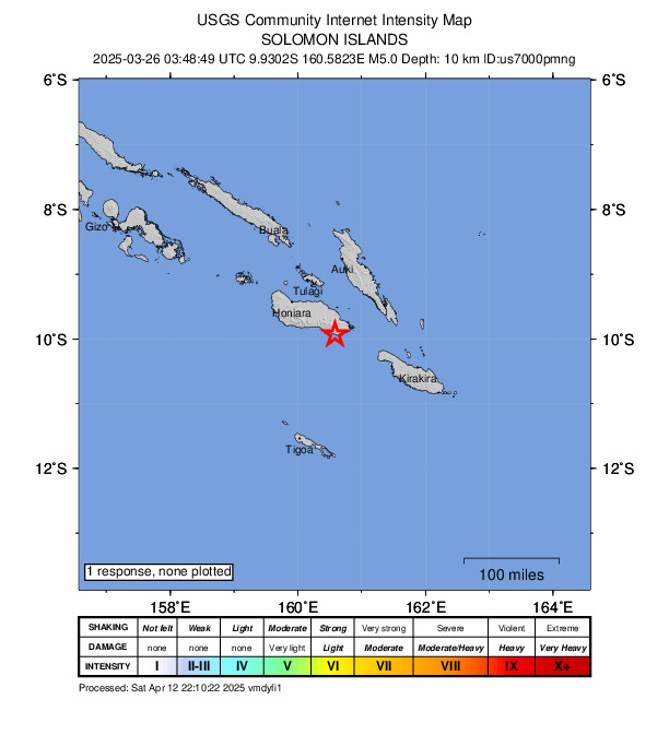 USGS DYFI community-reported intensity map for the M5.0 earthquake near 88 km SE of Honiara, Solomon Islands