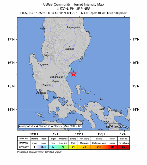 USGS DYFI community-reported intensity map for the M4.8 earthquake near 31 km SE of Suklayin, Philippines