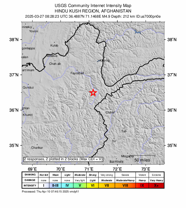 USGS DYFI community-reported intensity map for the M4.9 earthquake near 40 km WSW of Ashkāsham, Afghanistan