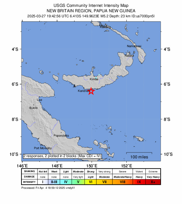 USGS DYFI community-reported intensity map for the M5.2 earthquake near 51 km ESE of Kandrian, Papua New Guinea
