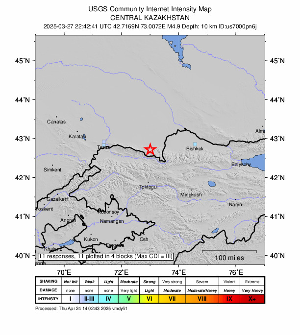USGS DYFI community-reported intensity map for the M4.9 earthquake near 22 km SW of Merke, Kazakhstan