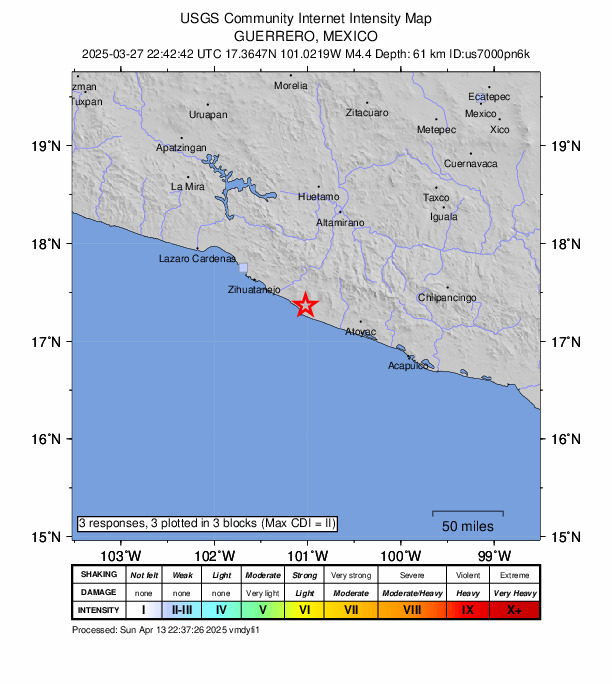 USGS DYFI community-reported intensity map for the M4.4 earthquake near 26 km WSW of Papanoa, Mexico