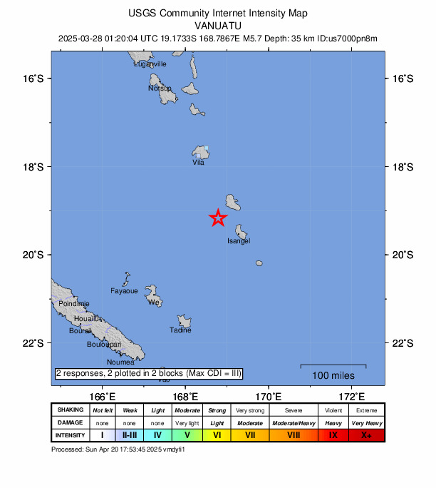 USGS DYFI community-reported intensity map for the M5.7 earthquake near 61 km NW of Isangel, Vanuatu