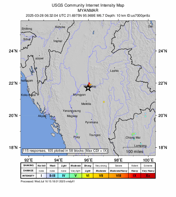 USGS DYFI community-reported intensity map for the M6.7 earthquake near Burma (Myanmar)