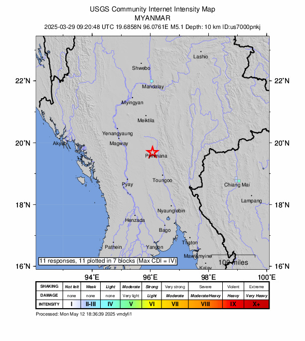 USGS DYFI community-reported intensity map for the M5.1 earthquake near 8 km SW of Nay Pyi Taw, Burma (Myanmar)