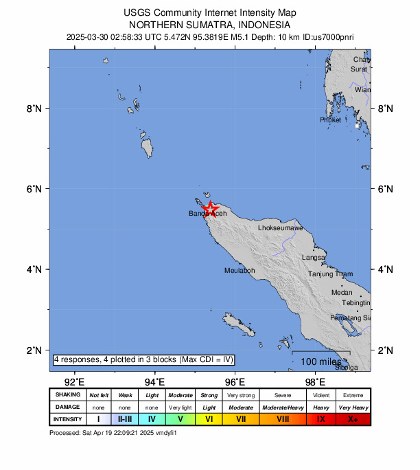 USGS DYFI community-reported intensity map for the M5.1 earthquake near 5 km SSE of Banda Aceh, Indonesia