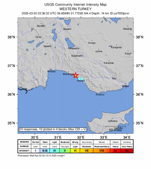 USGS DYFI community-reported intensity map for the M4.4 earthquake near 3 km N of Avsallar, Turkey