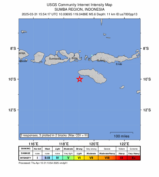 USGS DYFI community-reported intensity map for the M5.6 earthquake near 67 km SSW of Tambolaka, Indonesia