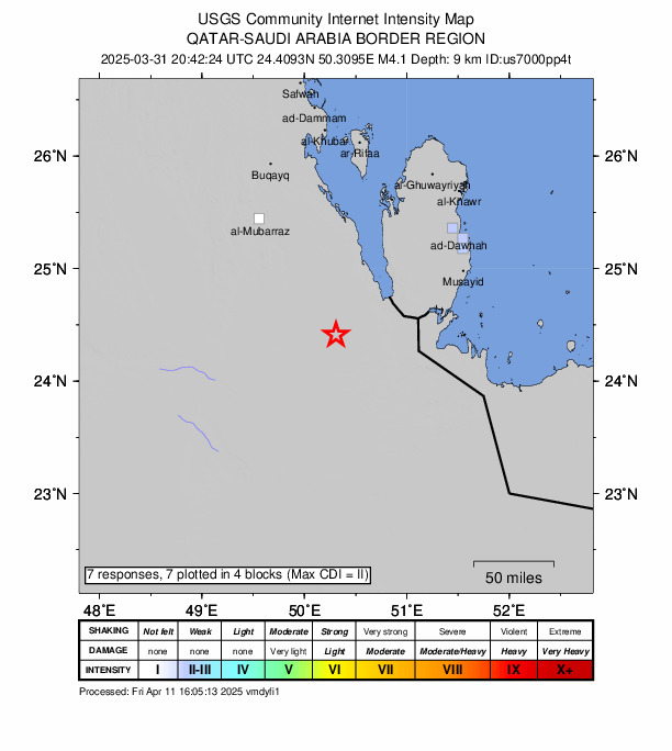 USGS DYFI community-reported intensity map for the M4.1 earthquake near 102 km SSW of Umm Bāb, Qatar