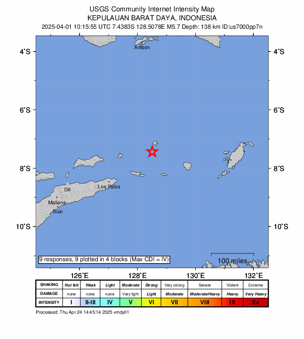 USGS DYFI community-reported intensity map for the M5.7 earthquake near 207 km NE of Lospalos, Timor Leste