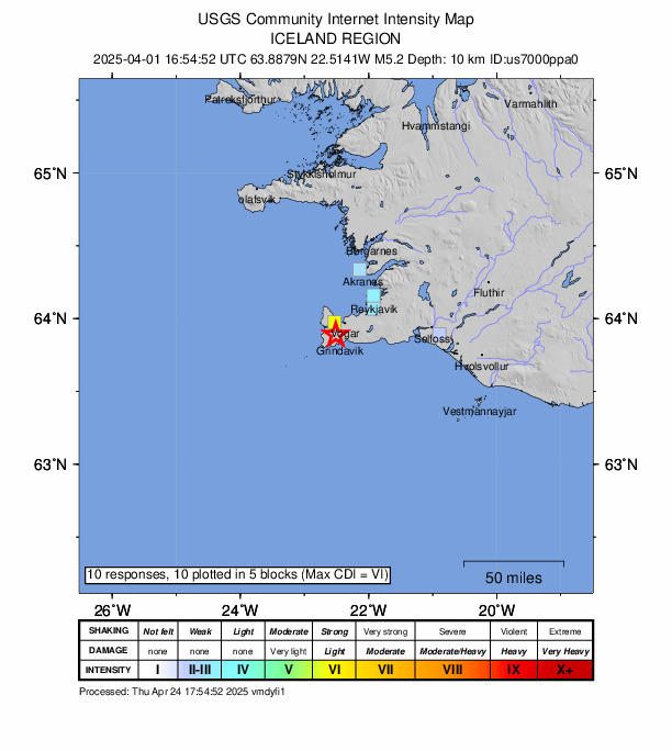 USGS DYFI community-reported intensity map for the M5.2 earthquake near 6 km NW of Grindavík, Iceland