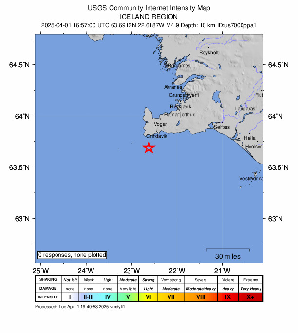 USGS DYFI community-reported intensity map for the M4.9 earthquake near 9 km WNW of Grindavík, Iceland