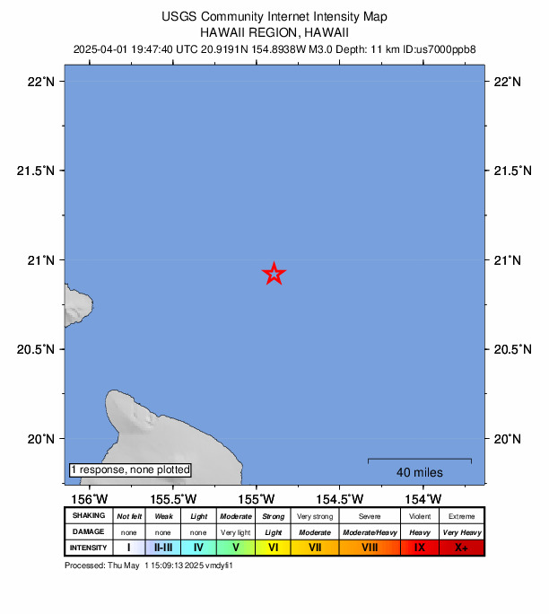 USGS DYFI community-reported intensity map for the M3.0 earthquake near 109 km NNE of Pa‘auilo, Hawaii