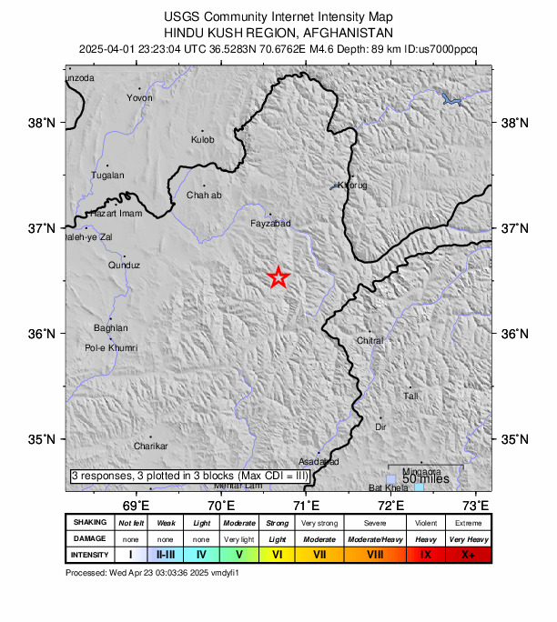 USGS DYFI community-reported intensity map for the M4.6 earthquake near 39 km SSW of Jurm, Afghanistan