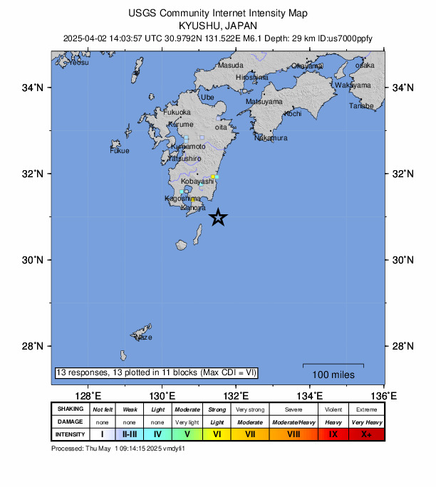 USGS DYFI community-reported intensity map for the M6.1 earthquake near 56 km ENE of Nishinoomote, Japan