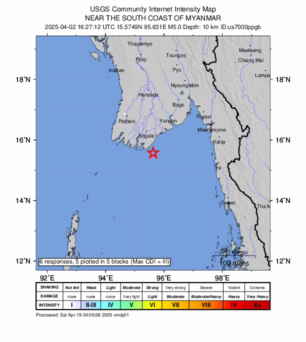 USGS DYFI community-reported intensity map for the M4.9 earthquake near 85 km S of Pyapon, Burma (Myanmar)