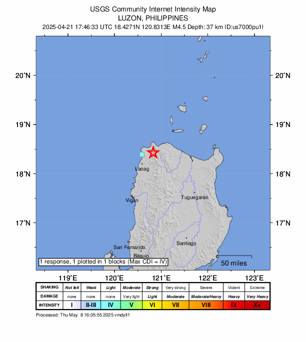 USGS DYFI community-reported intensity map for the M4.5 earthquake near 13 km SSE of Bangui, Philippines