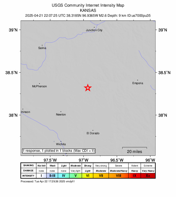 USGS DYFI community-reported intensity map for the M2.6 earthquake near 7 km ESE of Marion, Kansas