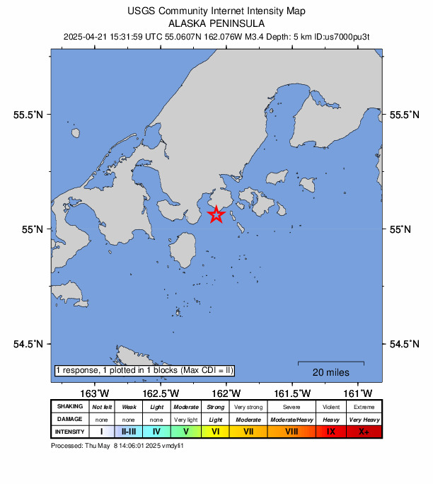 USGS DYFI community-reported intensity map for the M3.4 earthquake near 15 km E of King Cove, Alaska