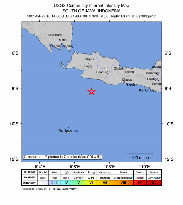 USGS DYFI community-reported intensity map for the M5.2 earthquake near 122 km SSW of Banjar, Indonesia