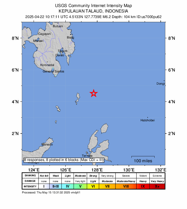 USGS DYFI community-reported intensity map for the M6.2 earthquake near 271 km SE of Pondaguitan, Philippines