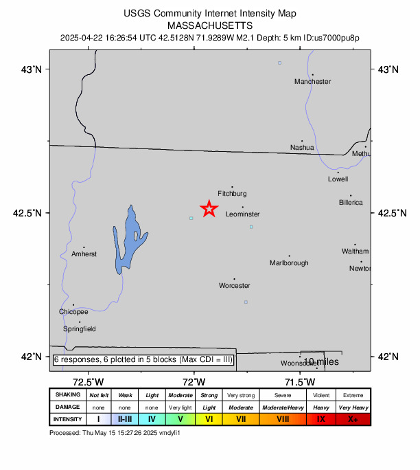 USGS DYFI community-reported intensity map for the M2.1 earthquake near 3 km SSW of Westminster, Massachusetts