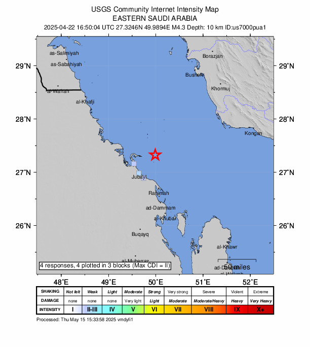 USGS DYFI community-reported intensity map for the M4.3 earthquake near 49 km NE of Al Jubayl, Saudi Arabia