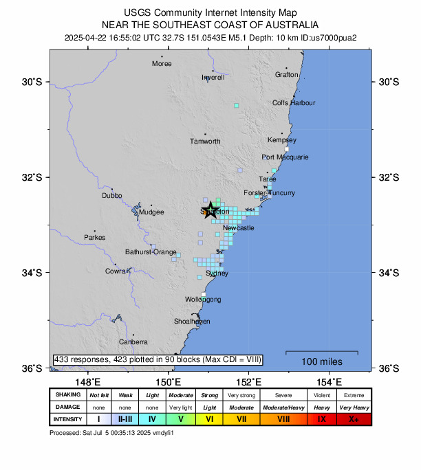 USGS DYFI community-reported intensity map for the M5.1 earthquake near 18 km SW of Singleton, Australia