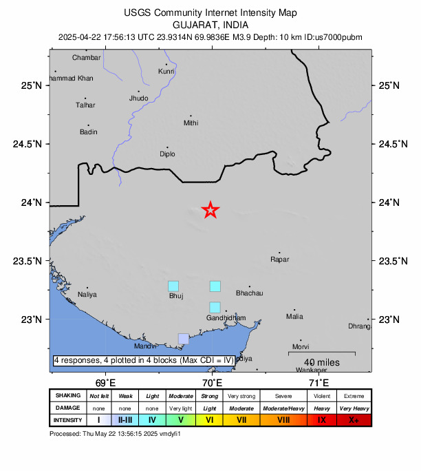 USGS DYFI community-reported intensity map for the M3.9 earthquake near 72 km SE of Diplo, Pakistan
