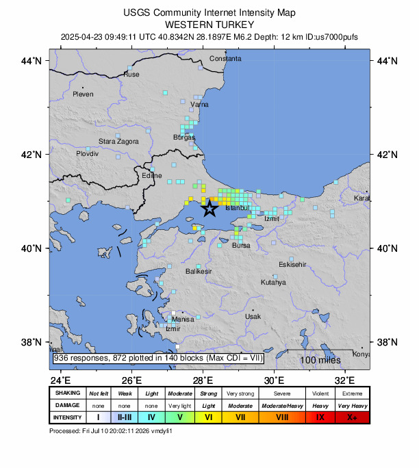 USGS DYFI community-reported intensity map for the M6.2 earthquake near 24 km SE of Marmara Ereğlisi, Turkey