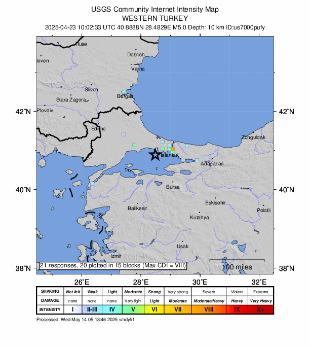 USGS DYFI community-reported intensity map for the M5.0 earthquake near 14 km S of Kumburgaz, Turkey