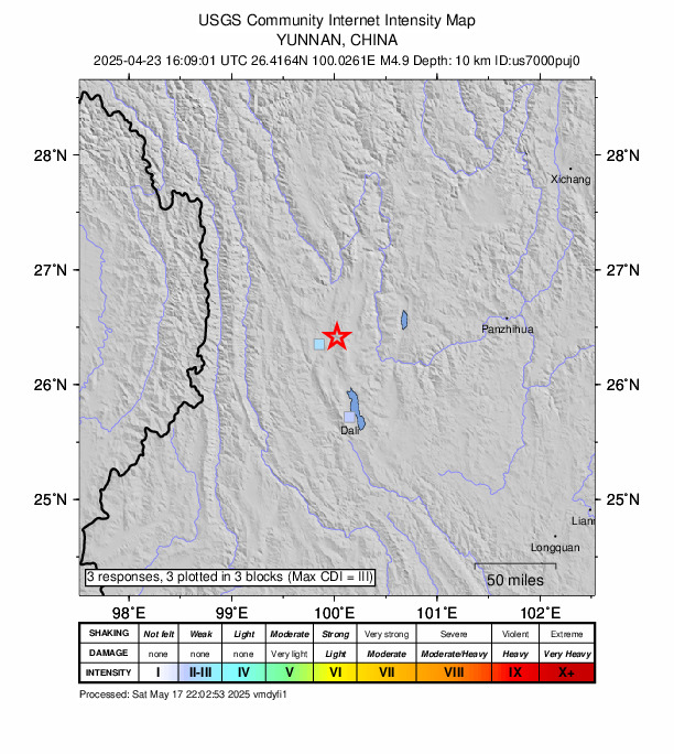 USGS DYFI community-reported intensity map for the M4.9 earthquake near 17 km SE of Jinhua, China