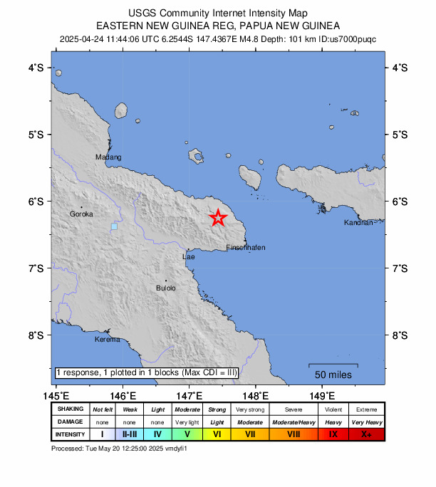 USGS DYFI community-reported intensity map for the M4.8 earthquake near 56 km NW of Finschhafen, Papua New Guinea