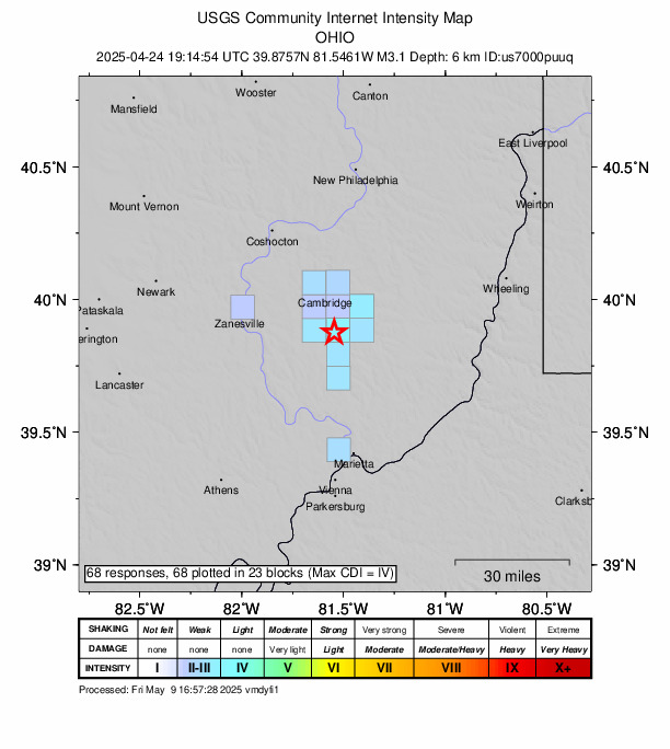 USGS DYFI community-reported intensity map for the M3.1 earthquake near 3 km S of Pleasant City, Ohio
