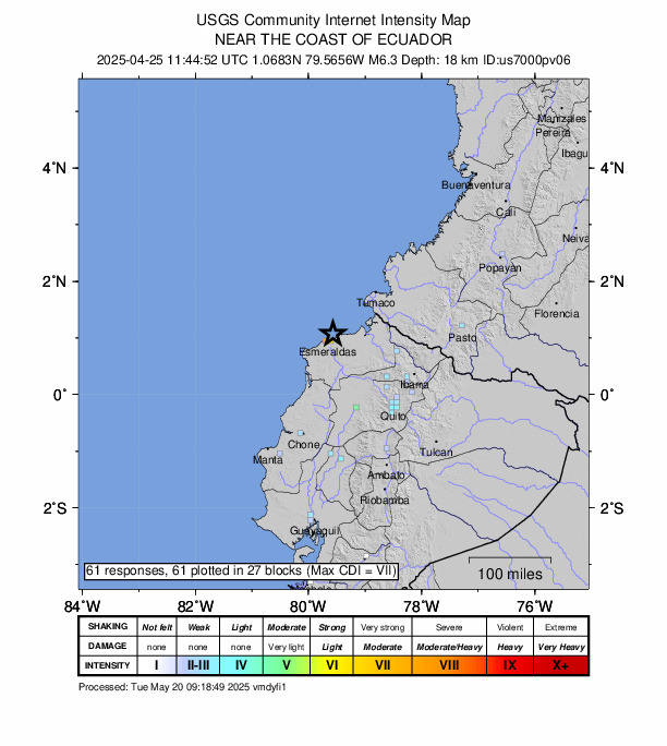 USGS DYFI community-reported intensity map for the M6.3 earthquake near 19 km NE of Esmeraldas, Ecuador
